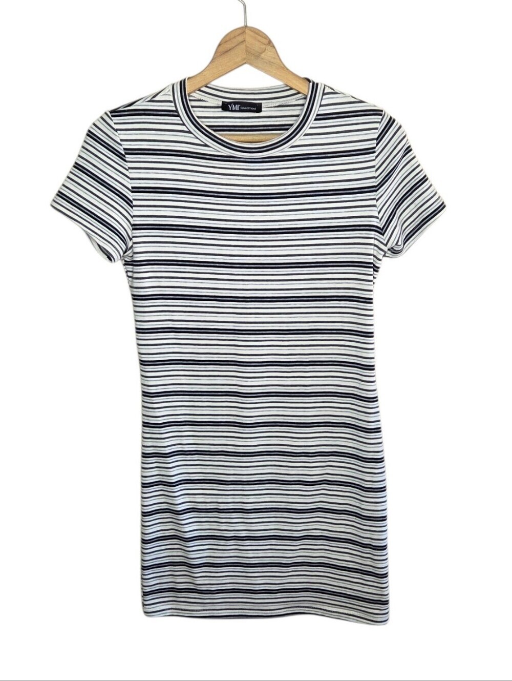 YMI Collection Black Cream Gray Striped Ribbed Bodycon T-Shirt Dress Size Large